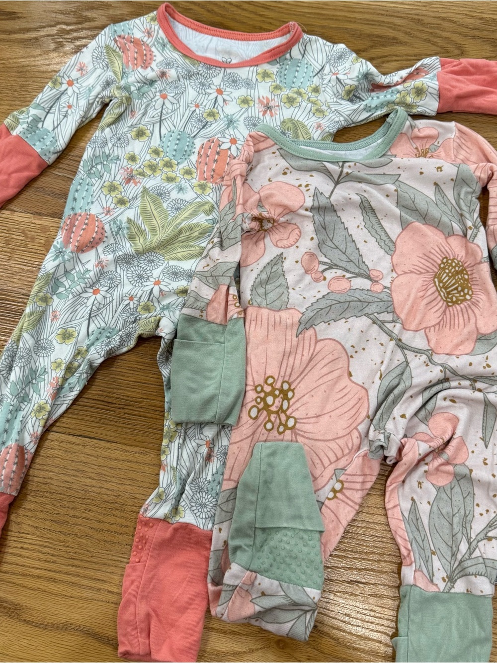 The Simple Seed Lot of 2 Floral Pink & Sage Green Footed Baby Bamboo Pajamas